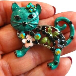 NEW Blue and Black Cat Pendant with Floral Design NO CHAIN